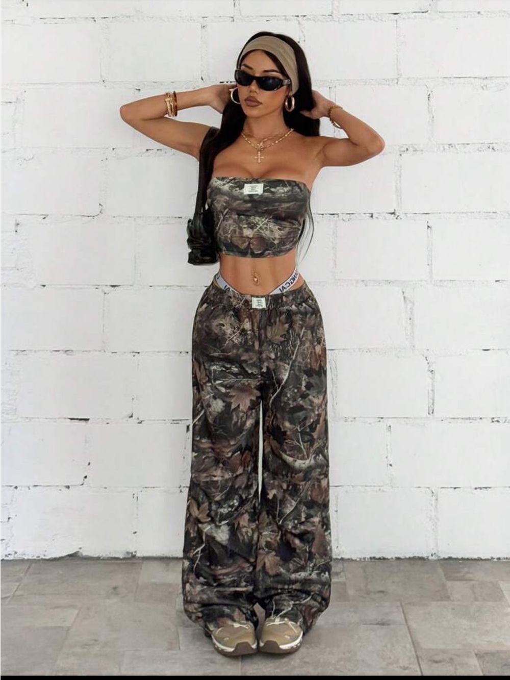 Camo Print Wide-Leg Joggers and Matching Cropped Tube Top - Picture 3 of 6